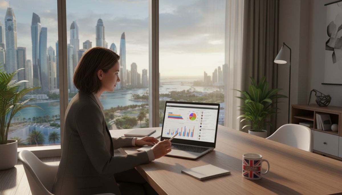 A professional UK expatriate entrepreneur working on a laptop in a modern, sunlit home office overlooking a global skyline like Dubai or Singapore, displaying colorful business data charts and CRM software interfaces on the screen.