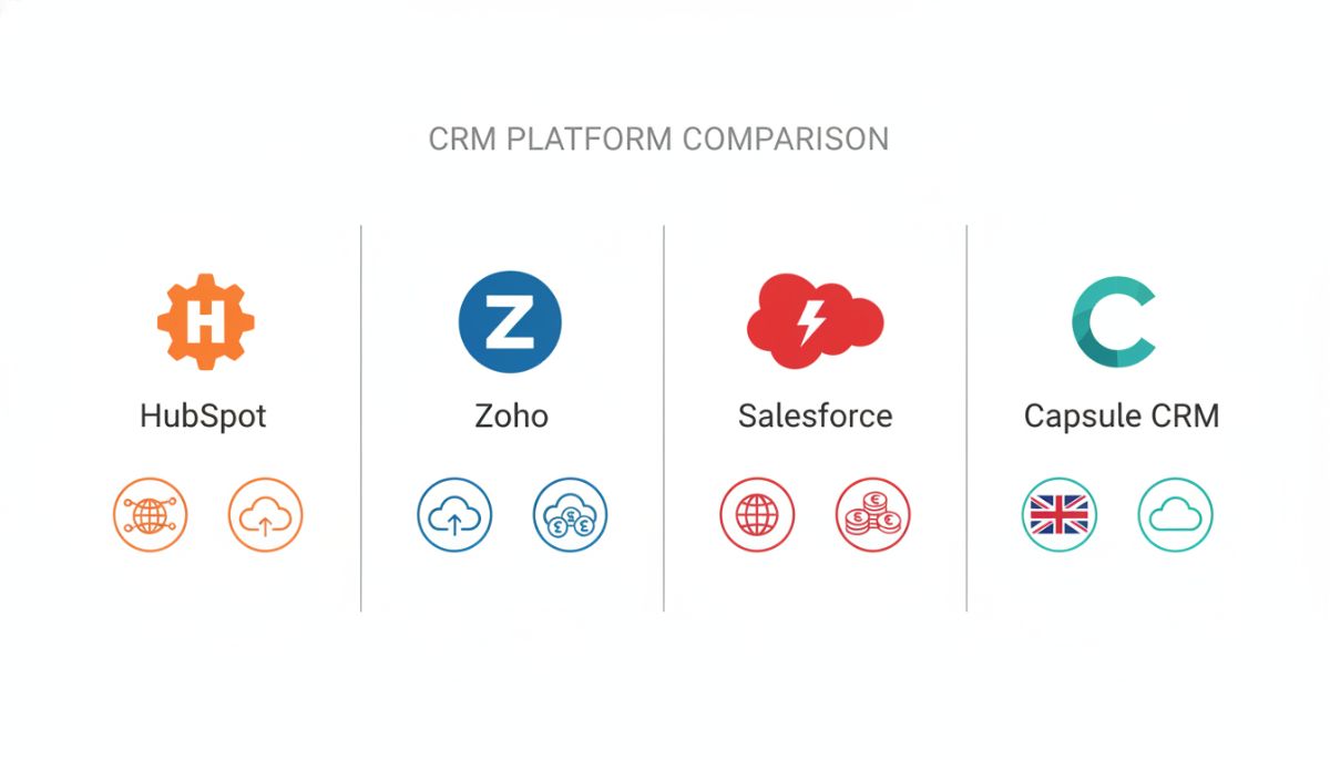 A clean, minimalist infographic comparing the logos of HubSpot, Zoho, Salesforce, and Capsule CRM, with icons representing global connectivity, British flag, currencies, and cloud computing.