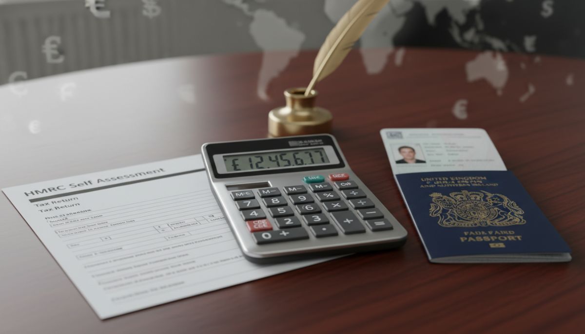 A close-up shot of a modern calculator, a tax return document, and a British passport on an elegant dark wood desk, symbolizing HMRC compliance and international business finance