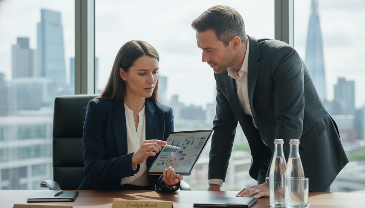 A professional female tax advisor in a bright London office showing a complex financial flow chart on a tablet to a male expat client, professional, high-end corporate setting, photorealistic, 4k, natural lighting