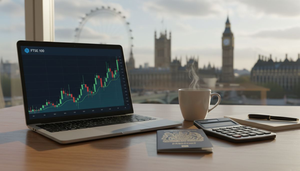 A clean, modern office desk in London with a laptop displaying financial charts, a cup of coffee, and a British passport next to a calculator, warm natural morning light, depth of field, professional, 4k