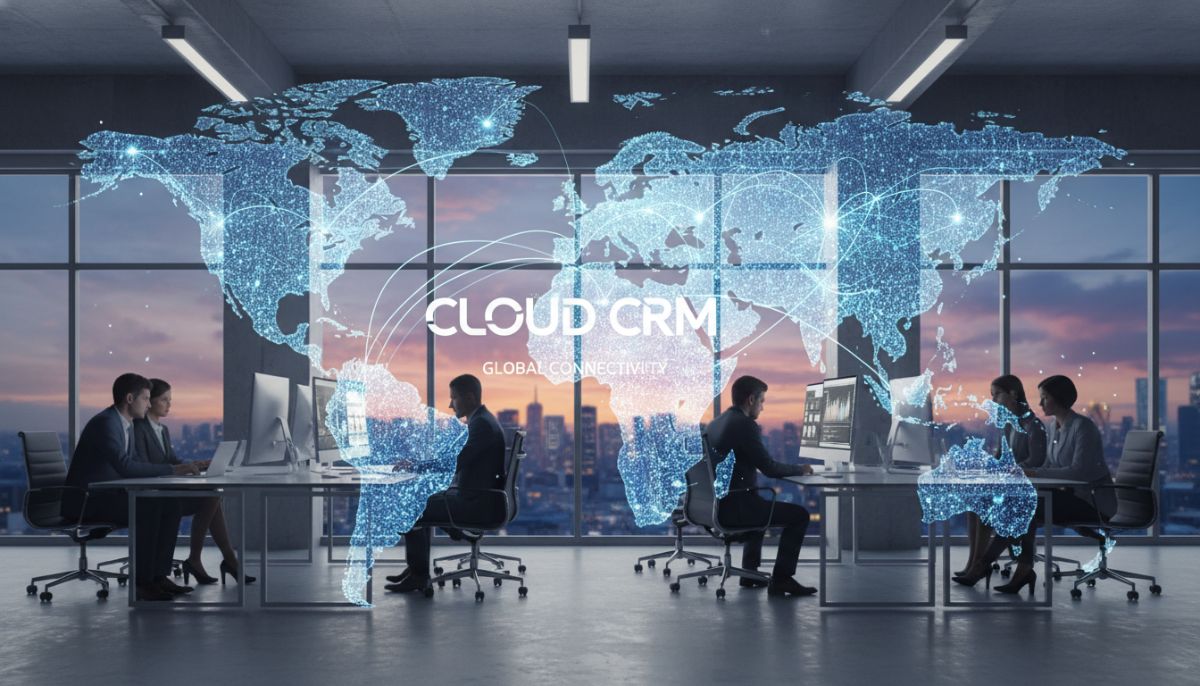 A professional modern office setting with a double exposure of a global map and digital networking nodes, symbolizing international business connectivity and cloud-based CRM systems, highly detailed, realistic corporate aesthetic, 8k resolution.