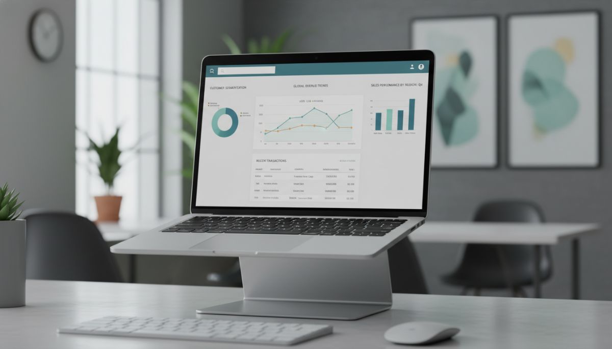 A sleek laptop displaying a comprehensive financial and CRM dashboard with multi-currency charts, user-friendly graphs, and a clean interface, set against a blurred background of a modern workspace, professional photography, high-end commercial style.