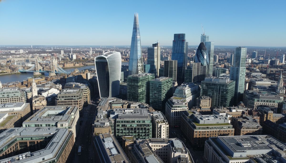 A professional, high-angle wide shot of the London financial district skyline, featuring iconic modern skyscrapers like the Gherkin and the Shard under a clear blue sky, symbolizing global business and economic opportunity.