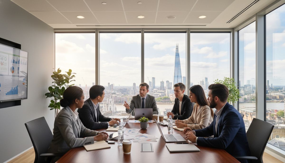 A professional modern office setting in London, where a diverse group of business people, including an international entrepreneur, are actively engaged in a strategy meeting around a wooden table with laptops, charts, and a view of the city through floor-to-ceiling windows.