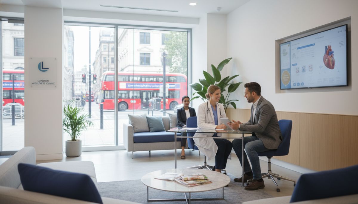 A modern medical facility in London with a professional doctor consulting an expatriate patient, bright and welcoming atmosphere, photorealistic.