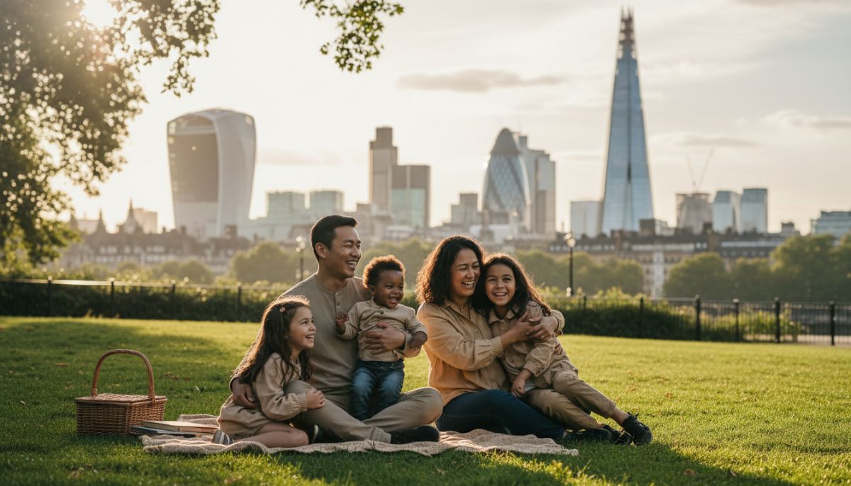 A diverse family of expats smiling in a park with the London skyline in the background, representing well-being and security, warm lighting, high quality.