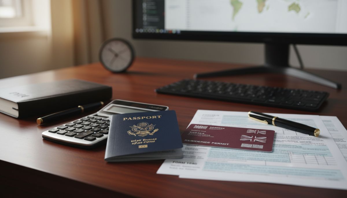 A professional desk setting with a calculator, a US passport, a UK residency card, and tax forms, conveying financial planning and cross-border taxation compliance.