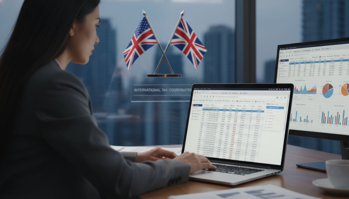 A business professional analyzing complex tax data spreadsheets on a laptop screen with dual UK and US flag icons in the background, representing international tax coordination.