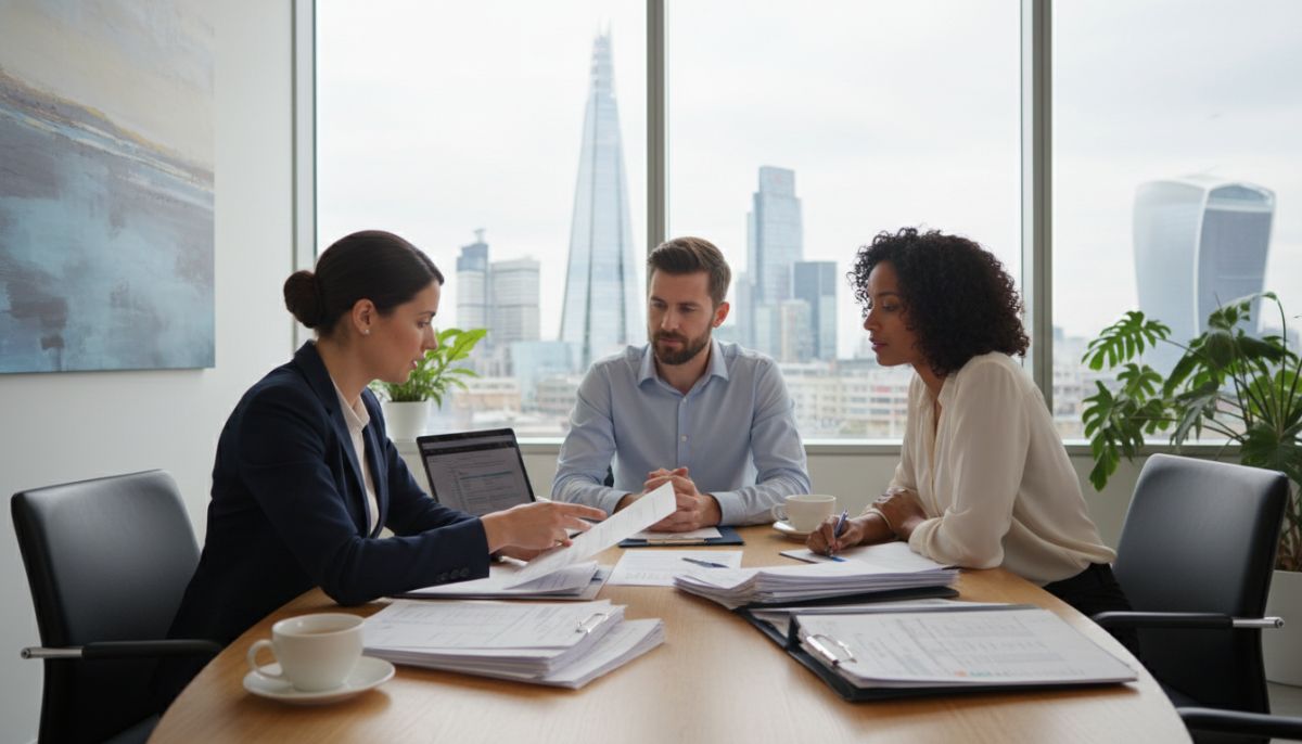 A professional financial advisor discussing tax documents with an expatriate couple in a modern London office, clean professional atmosphere, soft natural lighting, high-quality photograph