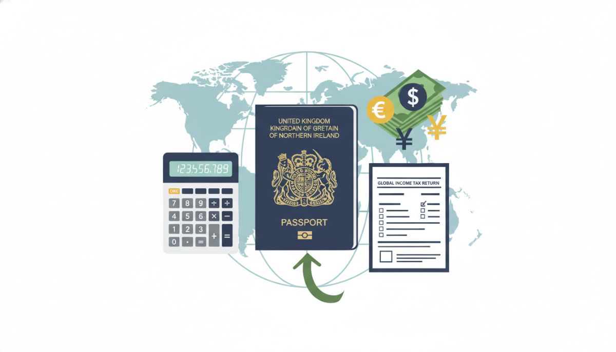 A conceptual illustration of global tax planning, showing a British passport, a calculator, currency symbols, and a tax return form, clean vector style, professional aesthetic
