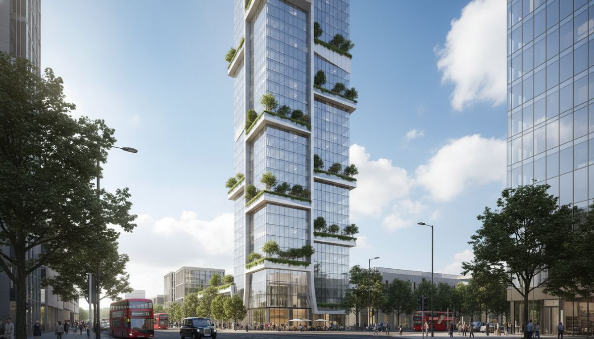 A sleek, modern high-rise residential apartment building in Manchester, England, showcasing large glass windows, green terraces, and a clean contemporary architectural design under a bright afternoon sky.