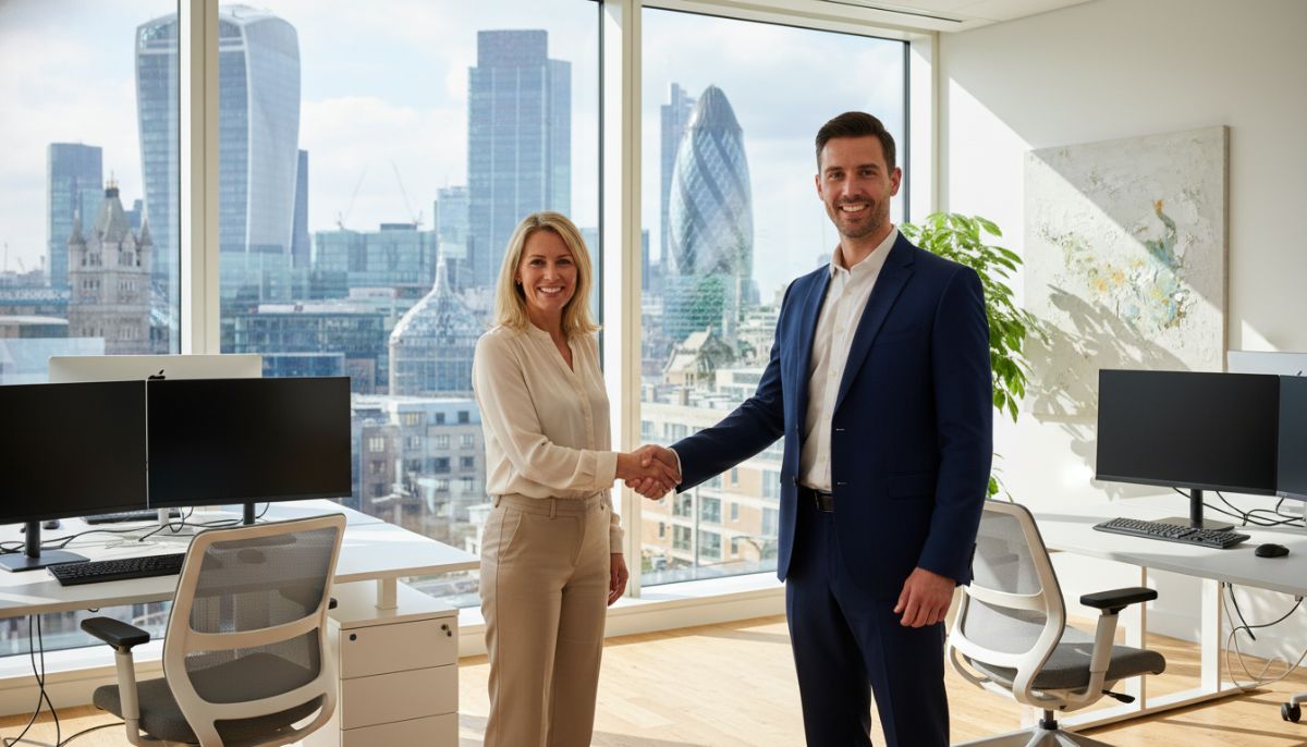 A professional mortgage broker shaking hands with an expatriate couple in a brightly lit, modern office overlooking a classic London skyline with historical and modern buildings.